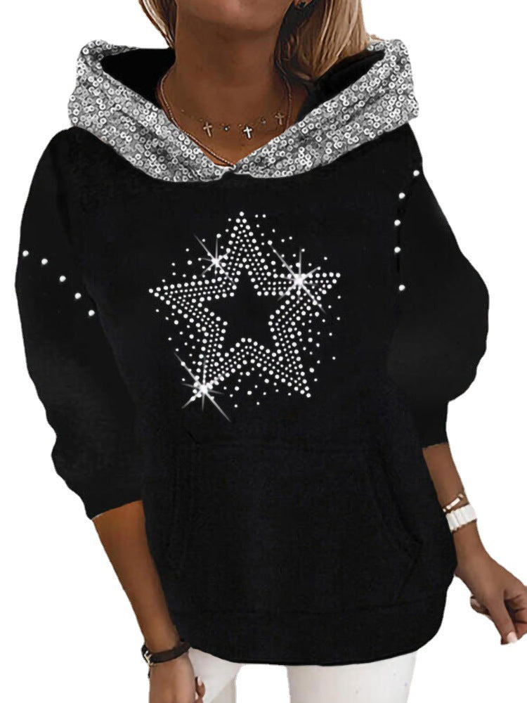 Damen Halloween Kapuzenpullover mit Kürbis- und Katzenprint, Paillettenbesatz und Oversize-Schnitt Shop Nory