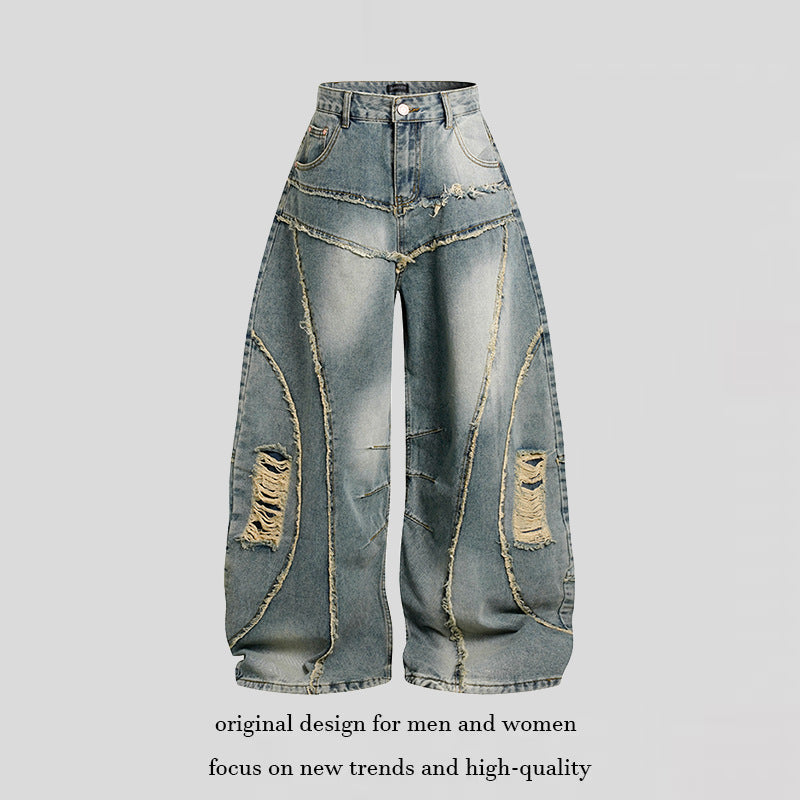 Damen Hochtaillierte weit geschnittene Destroy-Jeans mit Fransen‑Nahtdetails Shop Nory