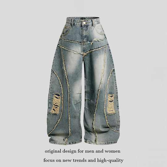 Damen Hochtaillierte weit geschnittene Destroy-Jeans mit Fransen‑Nahtdetails Shop Nory