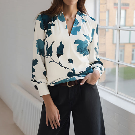 Damen Viskosebluse mit floralem Aquarellprint, V‑Ausschnitt und Manschetten Shop Nory