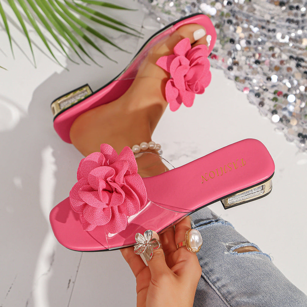 Damen Slides mit floralen Applikationen und funkelndem Blockabsatz