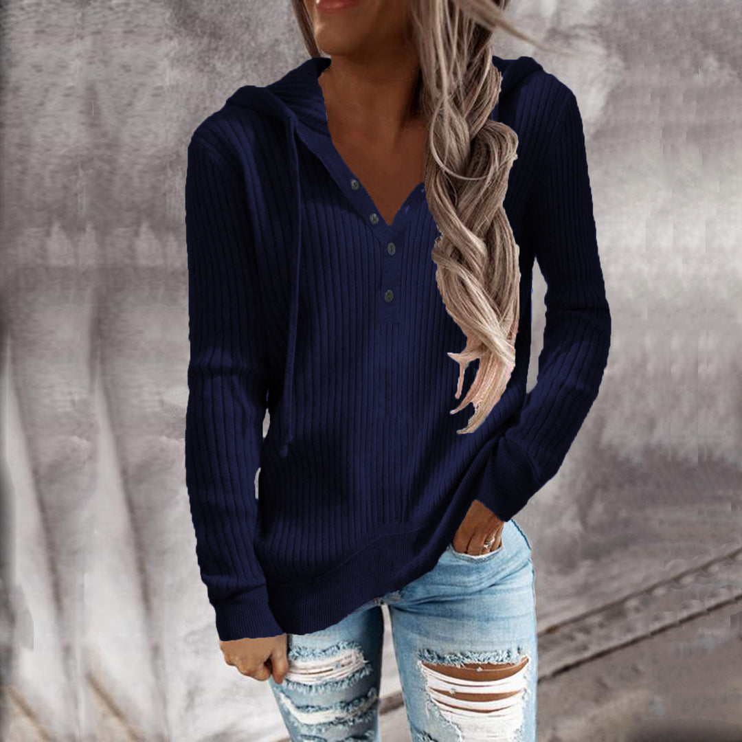 Damen Lässiger gerippter Hoodie-Pullover mit Henley-Knopfleiste und Tunnelzug Shop Nory