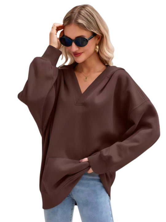 Damen Oversize V-Ausschnitt Hoodie mit Kapuze, Kängurutasche und verlängertem Saum Shop Nory