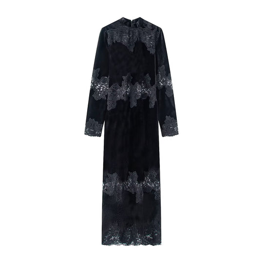 Damen Samt-Maxikleid mit Spitzenbesatz, Stehkragen und langen Ärmeln Shop Nory