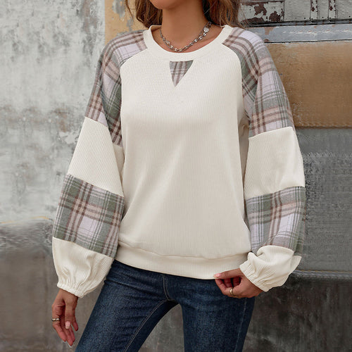 Damen Legeres Raglan-Sweatshirt mit karierten Ballonärmeln, Keyhole-Ausschnitt & gerafften Bündchen Shop Nory