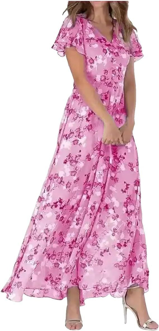 Damen Maxikleid mit floralem Chiffon-Stoff und transparenten Ärmeln
