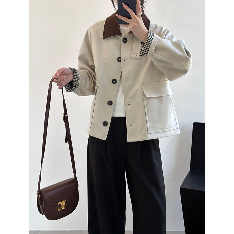 Damen Boxy Übergangsjacke mit Cordkragen und großen Pattentaschen Shop Nory