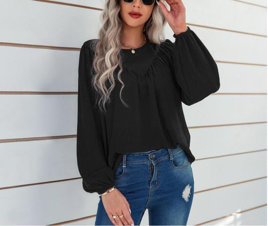 Damen Lässiges Viskose-Blusenshirt mit Rundhals und Ballonärmeln Shop Nory