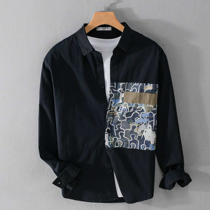 Herren Baumwollhemd mit großem Kunst-Print-Brustpatch und Kentkragen Shop Nory
