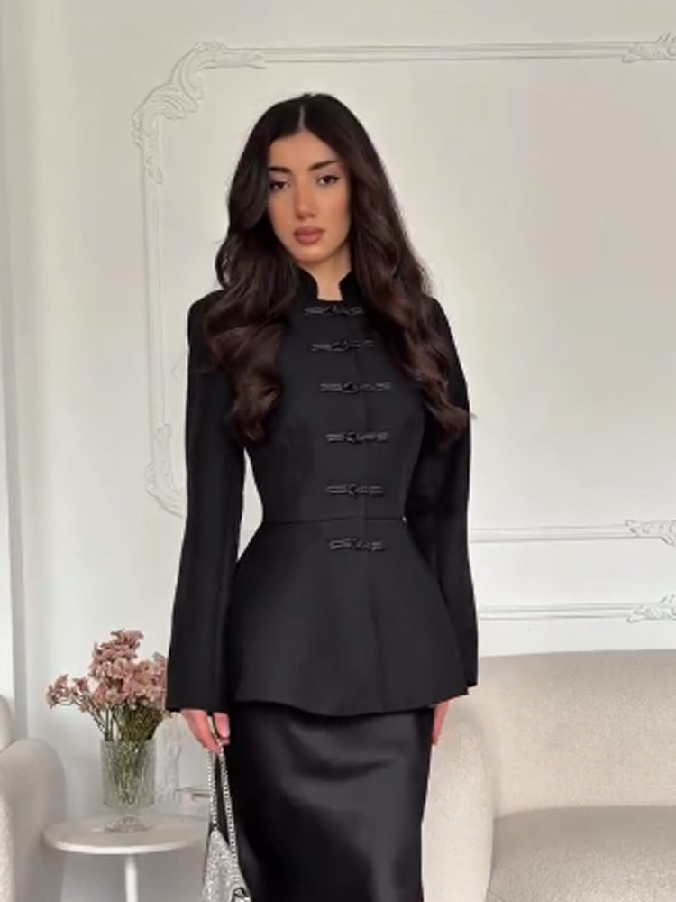Damen Taillierte Peplum-Jacke mit Stehkragen und dekorativen Knebelverschlüssen Shop Nory