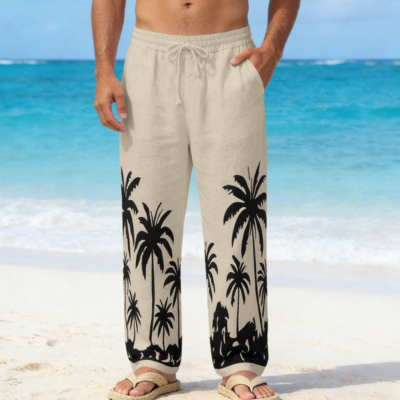 Herren Leinenoptik-Strandhose mit Palmenprint Relaxed-Fit und Kordelzug Shop Nory