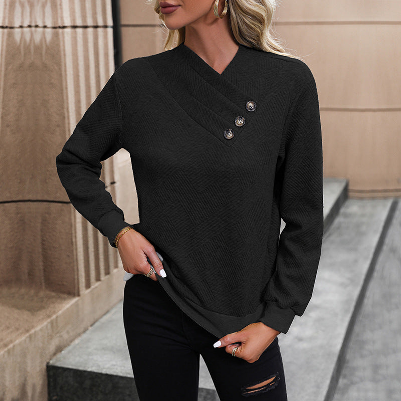 Damen Strukturierter V-Ausschnitt-Pullover mit diagonaler Zierknopfleiste und taillierter Passform Shop Nory