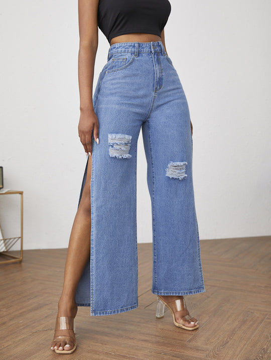 Damen weite High-Waist Denim-Jeanshose mit seitlichen Beinschlitzen und Destroyed-Kniepartien Shop Nory