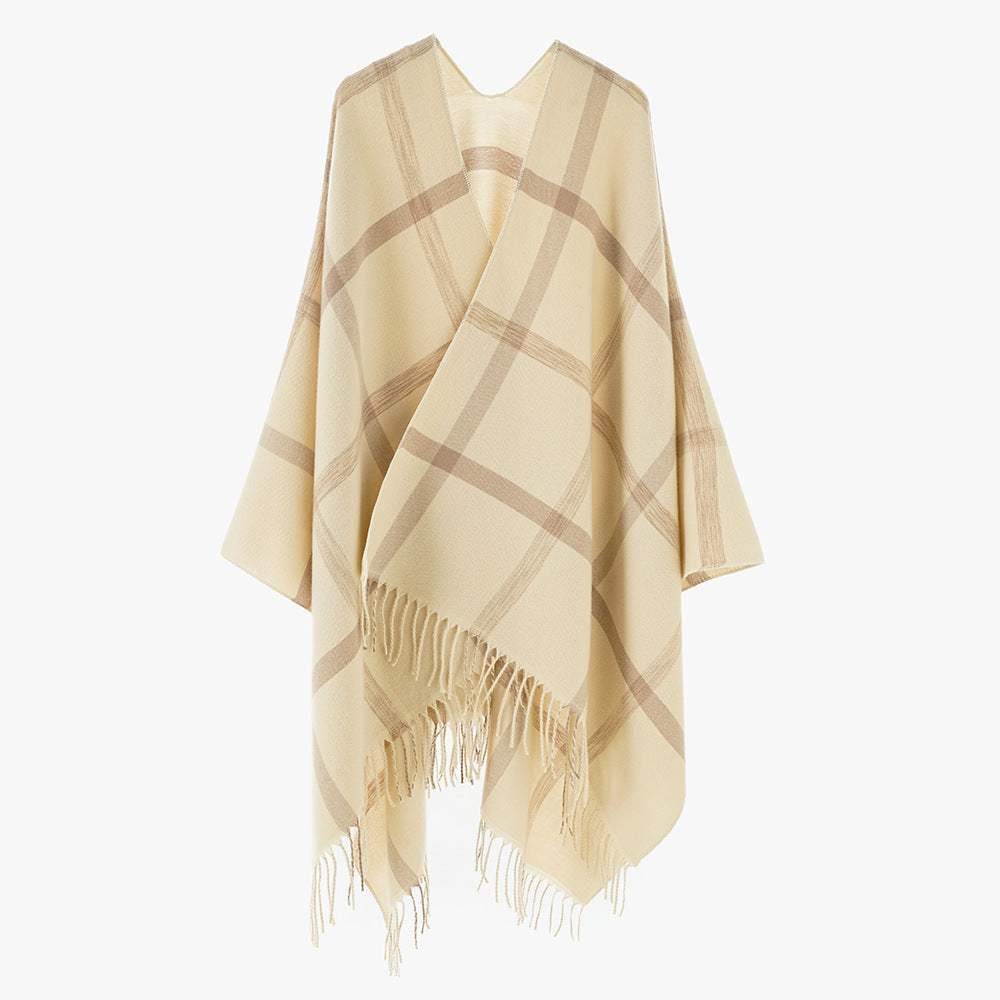 Damen Weit geschnittener Karierter Poncho mit Fransen und V‑Ausschnitt Shop Nory