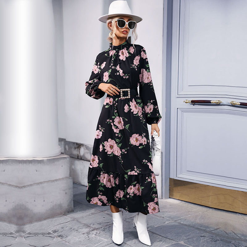 Damen Maxikleid mit Stehkragen, Blumenprint, Taillengürtel und Volantstufe Shop Nory