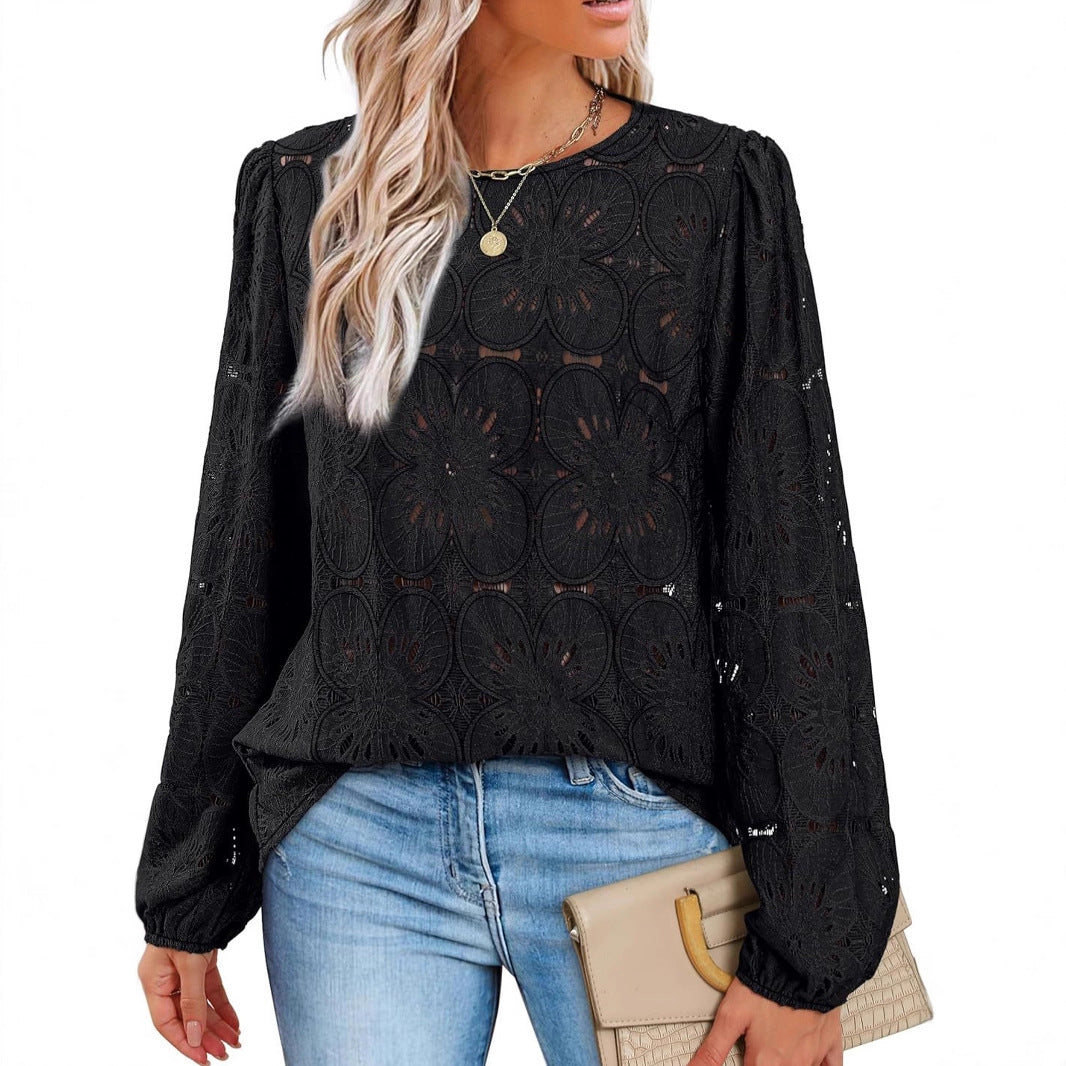 Damen Spitzenbluse mit floraler Häkelstickerei, Rundhals und langen Ballonärmeln Shop Nory