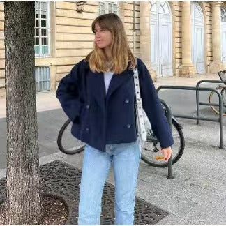 Damen Kurzer Boxy-Wollmix-Peacoat mit doppelreihiger Knopfleiste und aufgesetzten Taschen Shop Nory