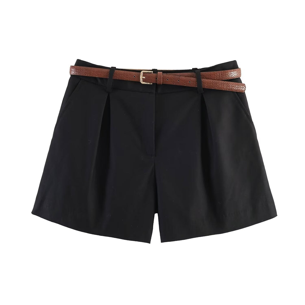 Damen klassische Shorts mit eleganten Falten und Gürtel Shopnory