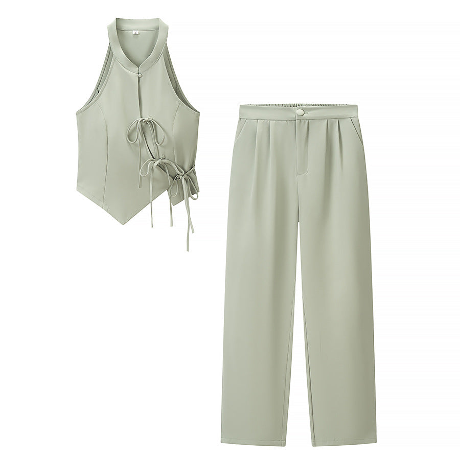 Damen Zweiteiliges tailliertes Weste- und weites Hosen-Set mit Schnürdetail Shop Nory