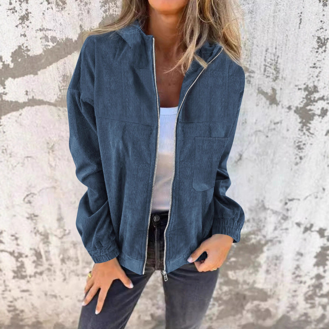 Damen Casual Cord-Hoodiejacke mit feiner Kordsamtstruktur, durchgehendem Reißverschluss und elastischem Saum Shop Nory