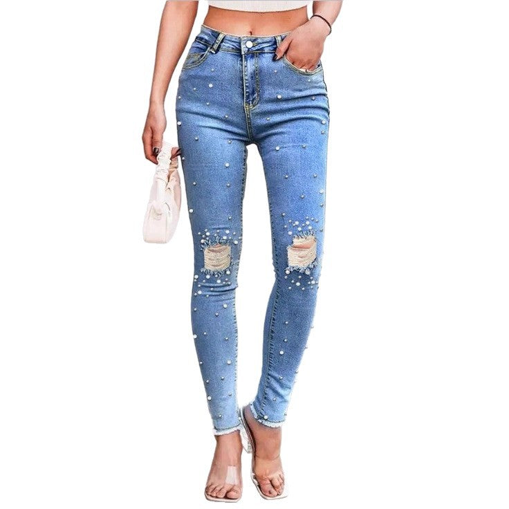 Damen Perlenverzierte High-Waist Skinny-Jeans mit Knie-Rissen und rohem Saum Shop Nory
