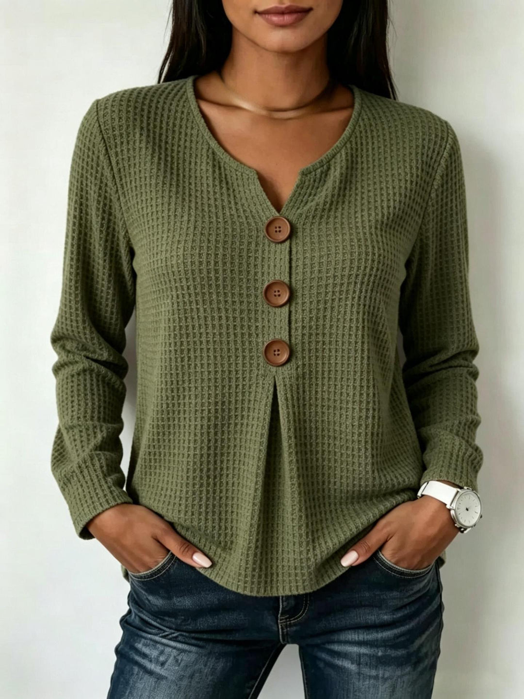 Damen Modisches Langarmshirt mit Knopfdetails Shop Nory