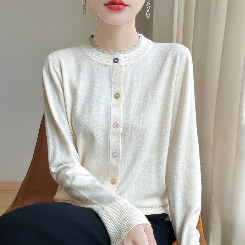 Damen Leichter Feinstrick-Cardigan mit Rundhalsausschnitt und bunten Knöpfen Shop Nory