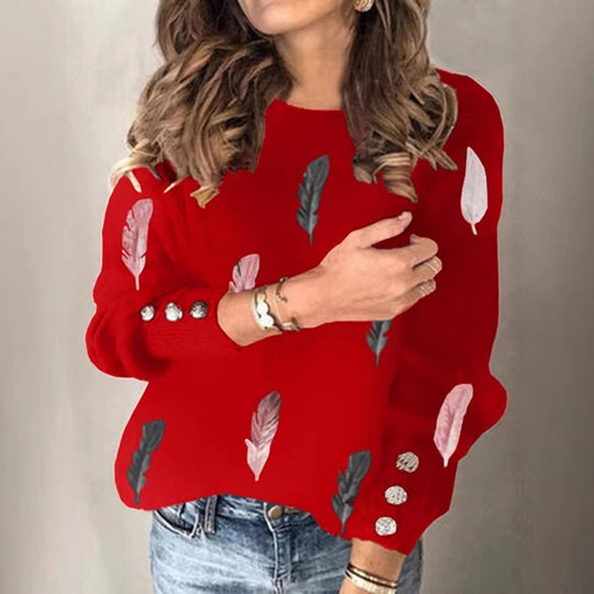 Damen Feinstrickpullover mit Federmotiv, Rundhalsausschnitt und dekorativer Knopfleiste Shop Nory
