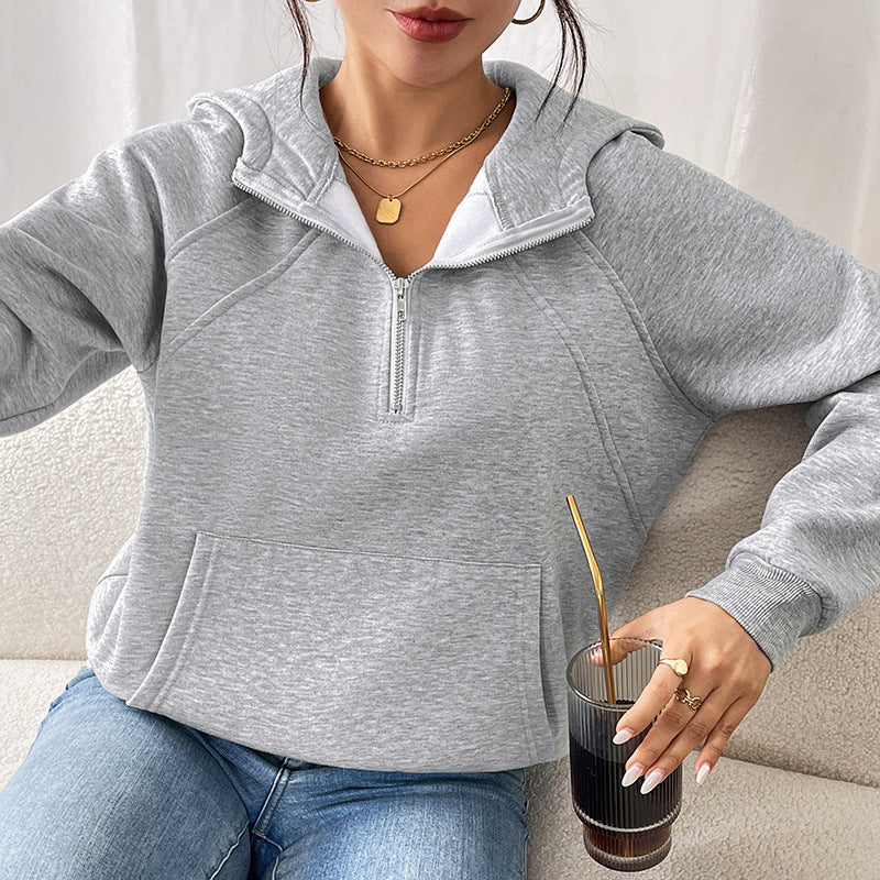 Damen Kurzgeschnittener Kapuzenpullover mit halbem Reißverschluss, Teddy-Futter und Kängurutasche Shop Nory