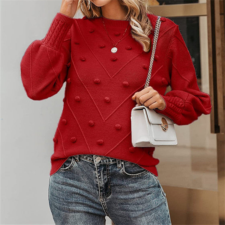 Damen nan gerippter Bobble-Pullover mit Ballonärmeln und Rundhalsausschnitt Shop Nory