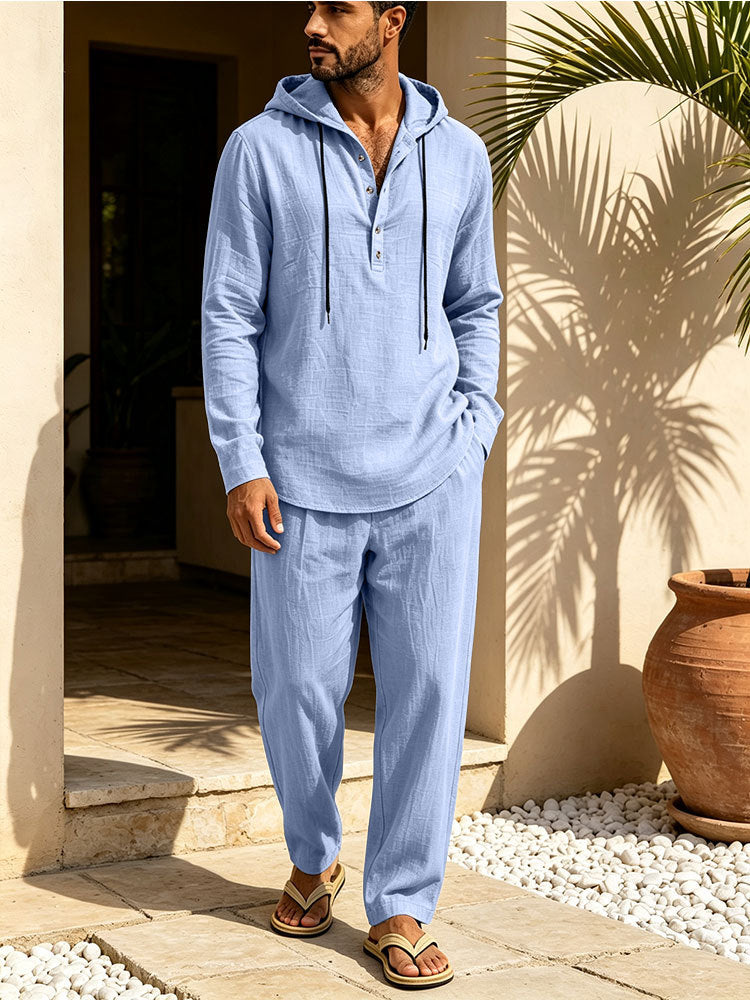 Herren Lässiges Leinen-Look Freizeit-Set mit Kapuzenhemd und weiten Hosen Shop Nory