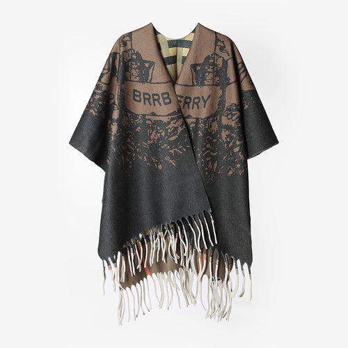 Damen Oversize-Capeponcho im Rechteckschnitt mit Fransensaum und zweilagigem Jacquard-Innenfutter Shop Nory