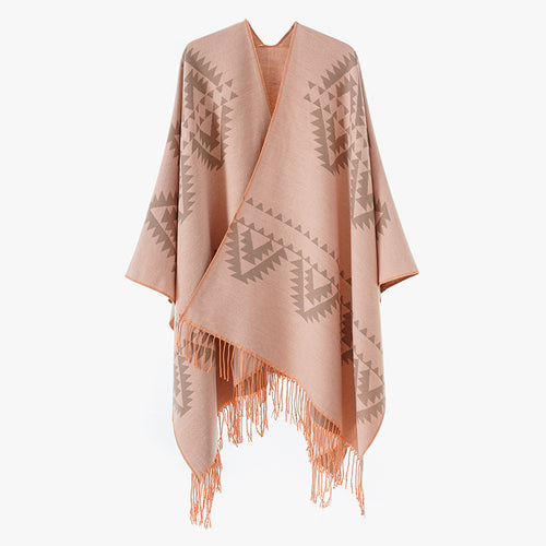 Damen Grobgewebter Jacquard-Umhang im Oversize mit Zipfelsaum und Fransensaum Shop Nory