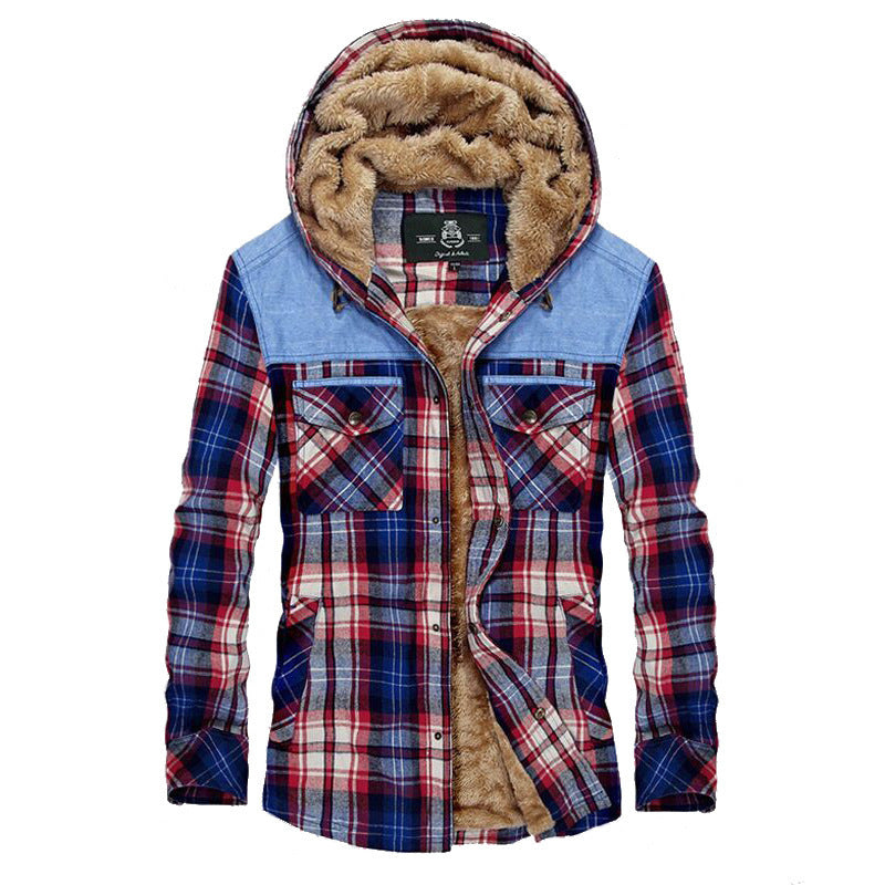 Herren karierte gefütterte Hemdjacke mit Kapuze und Teddyfutter Shop Nory