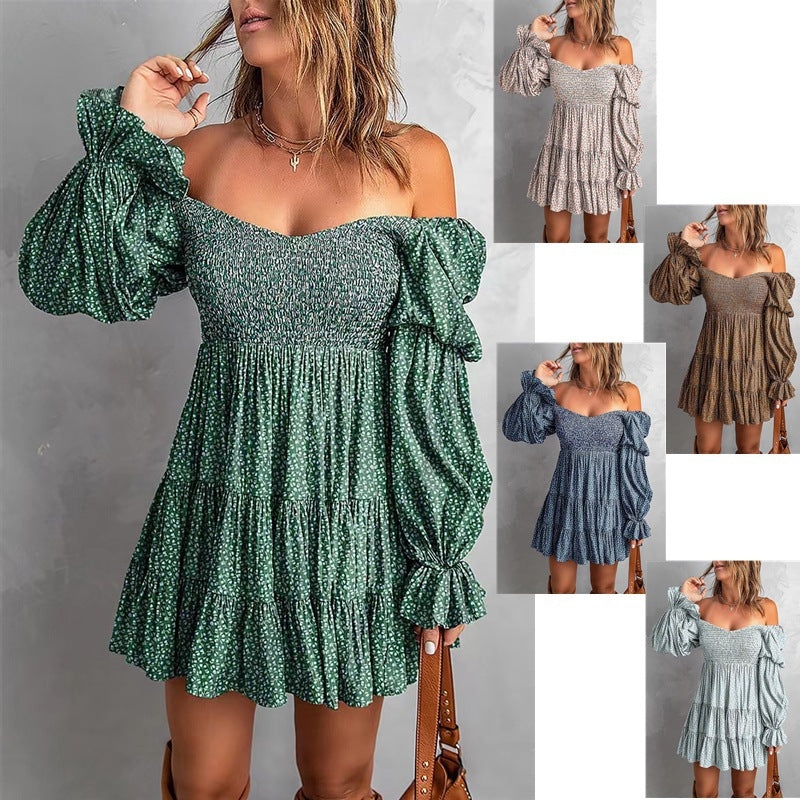 Damen Off-Shoulder Minikleid mit Smok-Oberteil, Volantstufen und gerafften Ballonärmeln Shop Nory
