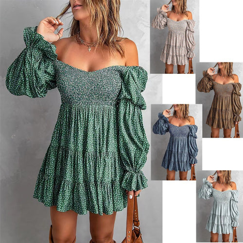 Damen Off-Shoulder Minikleid mit Smok-Oberteil, Volantstufen und gerafften Ballonärmeln Shop Nory