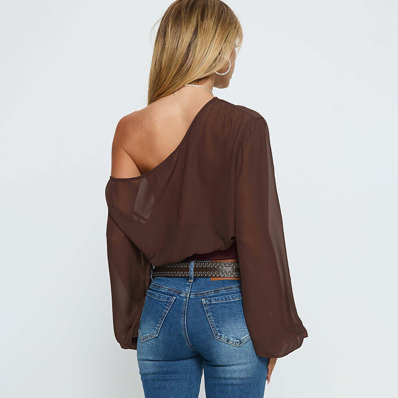 Damen Transparente schulterfreie Mesh-Cropped-Bluse mit elastischem Taillenbund Shop Nory