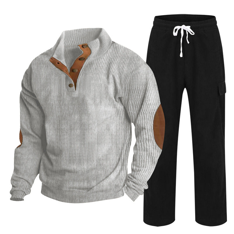Herren Gemütliches Freizeit-Set aus Waffelstrick-Henley mit Ellenbogenpatch und Relax-Cargo-Hose Shop Nory