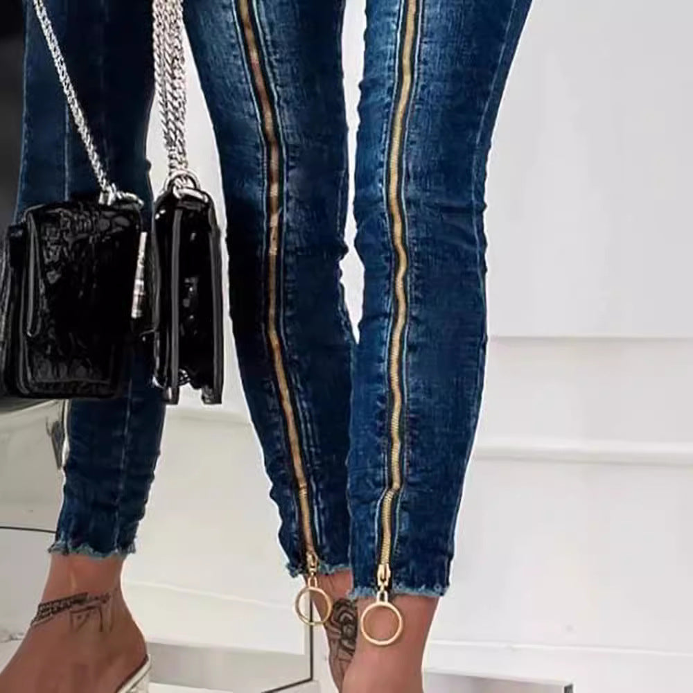 Damen High-Waist Jeans im modernen Design mit seitlichem Reißverschluss und Ring-Details