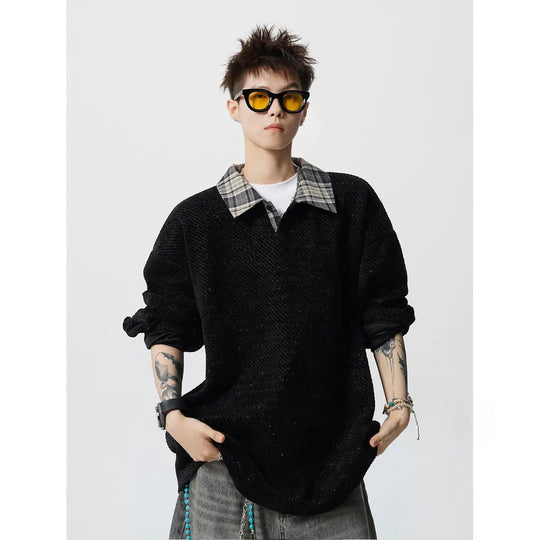 Herren Oversize Strukturiertes Sweatshirt mit Polokragen und diagonaler Strickstruktur Shop Nory