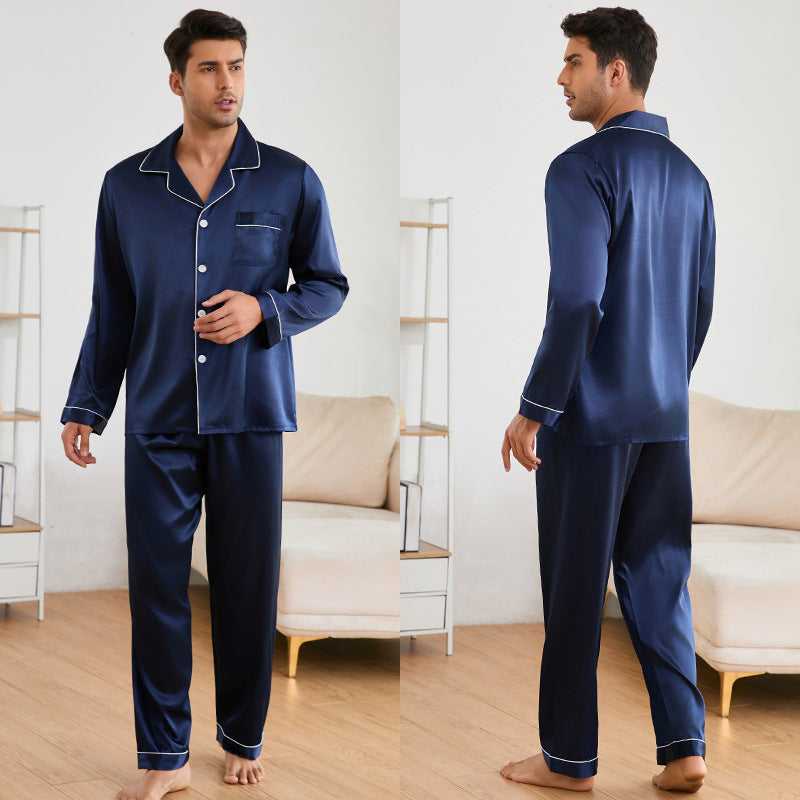 Herren Satin Schlafanzug-Set mit klassischem Kragen und eleganten Kontrastnähten