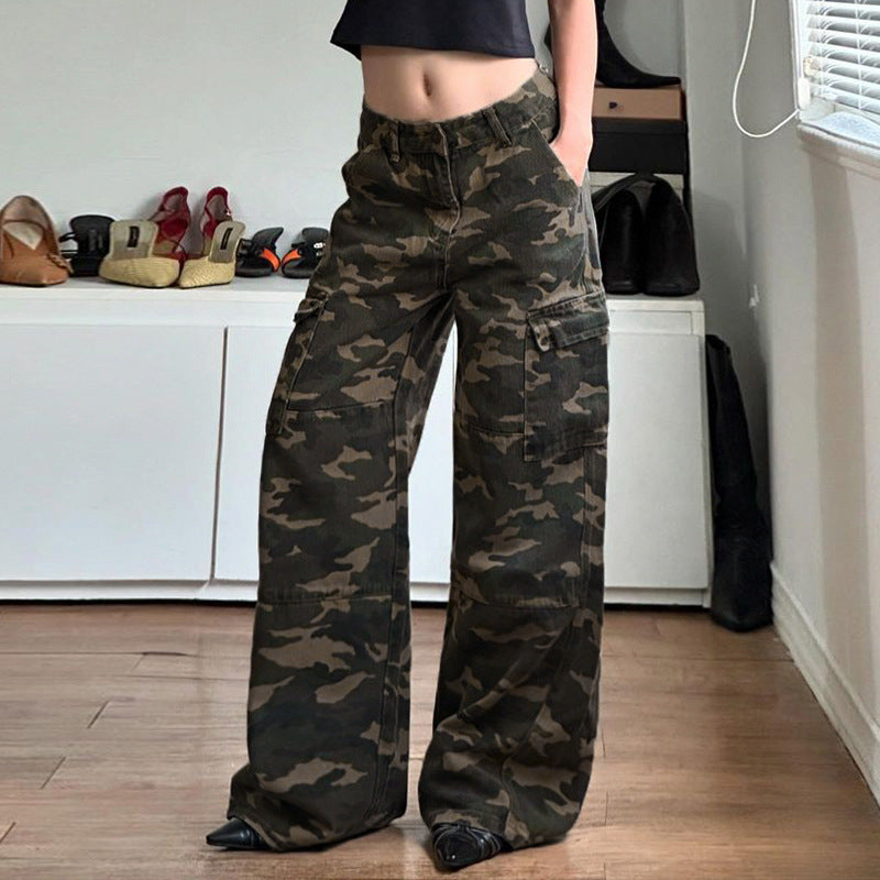 Damen nan weite Cargo-Hose mit Camouflage-Print, hoher Taille und mehreren aufgesetzten Beintaschen Shop Nory