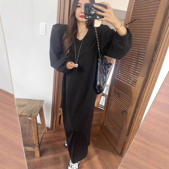 Damen Lässiges Maxi‑Sweatkleid mit V‑Ausschnitt, voluminösen Ballonärmeln und geradem Saum Shop Nory