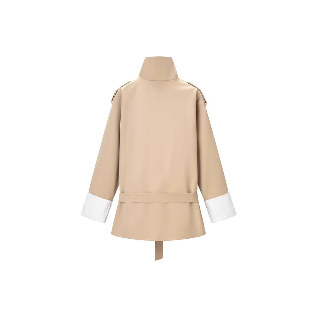Damen Kurzer Trenchcoat mit Taillengürtel, Stehkragen und Kontrastmanschetten Shop Nory