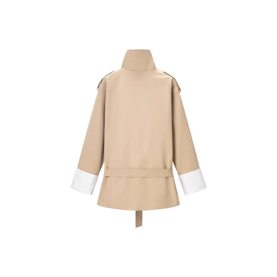 Damen Kurzer Trenchcoat mit Taillengürtel, Stehkragen und Kontrastmanschetten Shop Nory