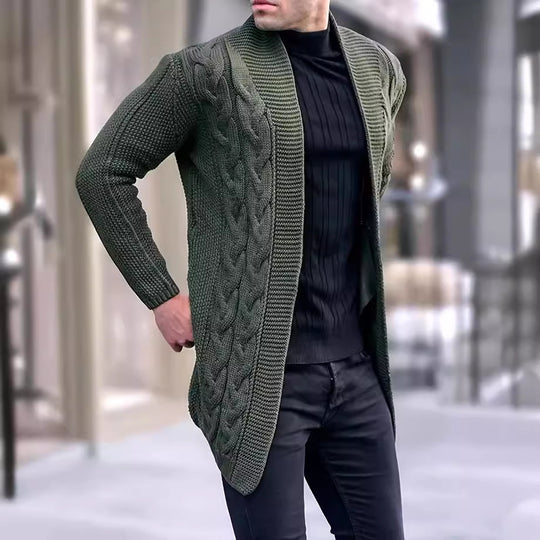Herren Longline-Strickcardigan mit Schalkragen, Zopf- und Perlmuster Shop Nory