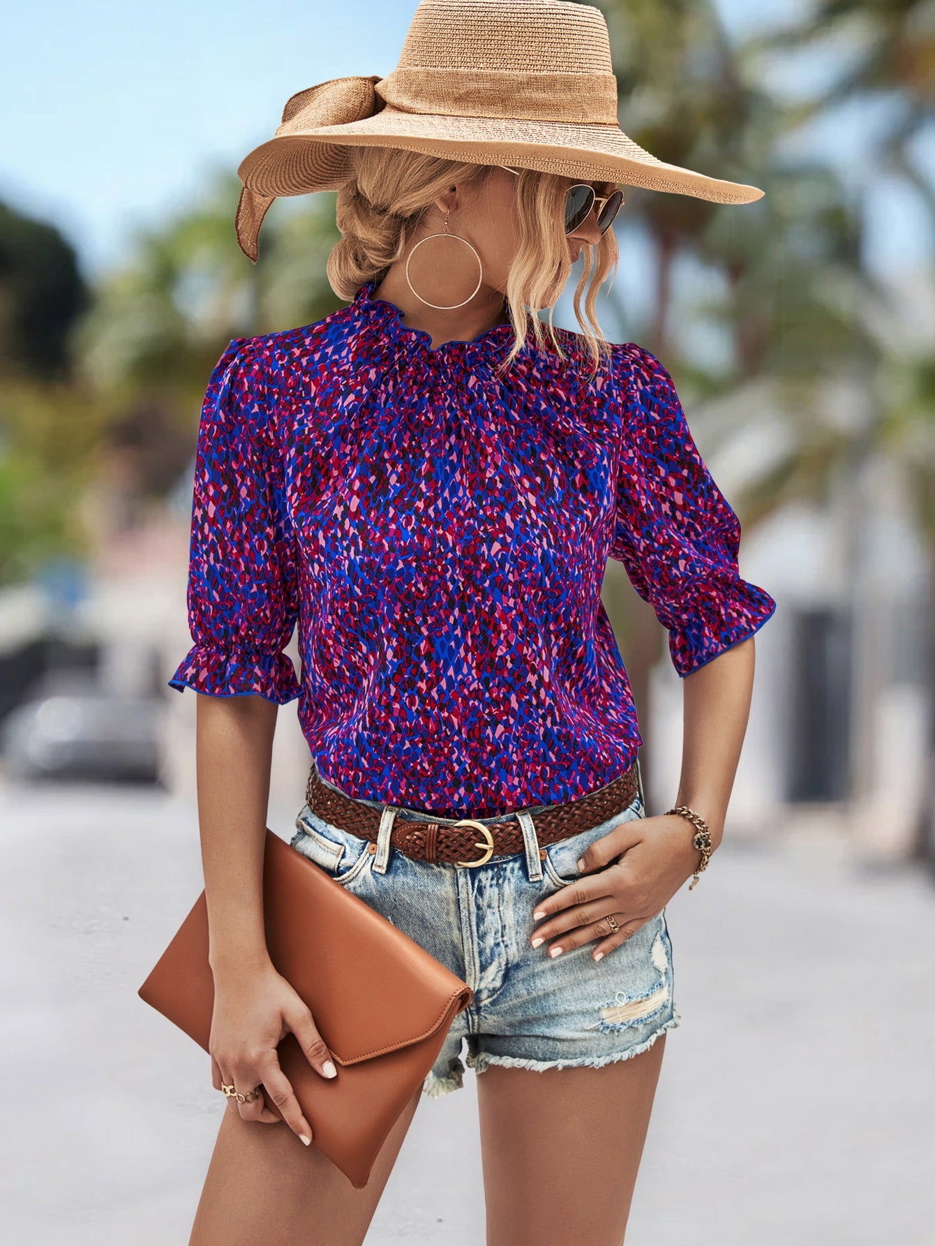 Damen Elegante Bluse mit Raffungen und botanischem Muster Shopnory