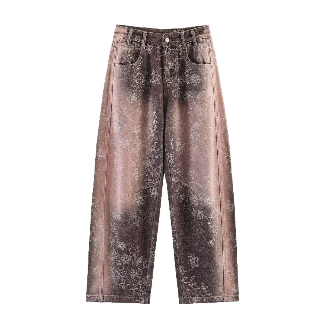 Damen Weite High‑Waist‑Jeans mit floralem Allover‑Print und Used‑Farbverlauf Shop Nory