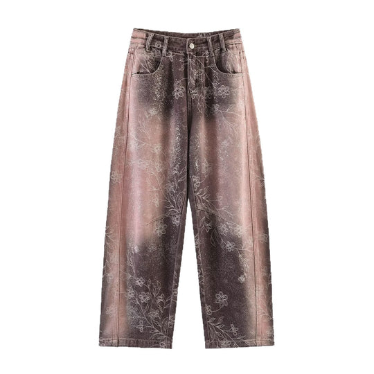 Damen Weite High‑Waist‑Jeans mit floralem Allover‑Print und Used‑Farbverlauf Shop Nory