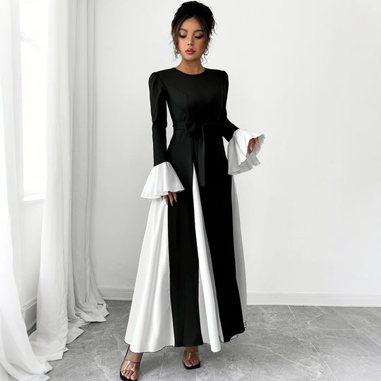 Damen Abendkleid mit tailliertem Corsagen-Oberteil, langen Ärmeln und kontrastierenden Volantmanschetten Shop Nory